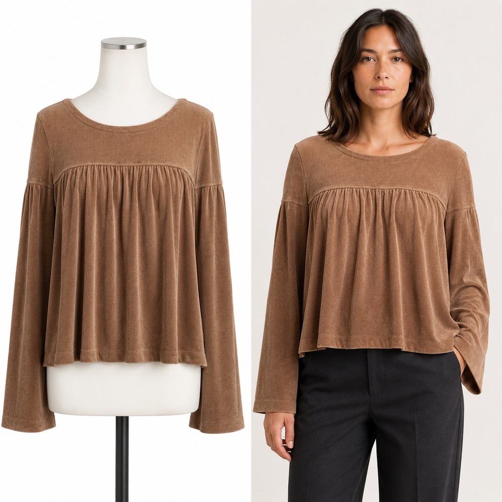 Madewell Texture & Thread Top Womens M Brown Corduroy Babydoll Bell Sleeve Shirt